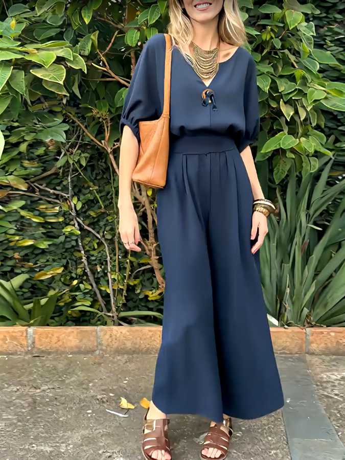 Women's Casual V-Neck Button Top and Pants Two-Piece Set