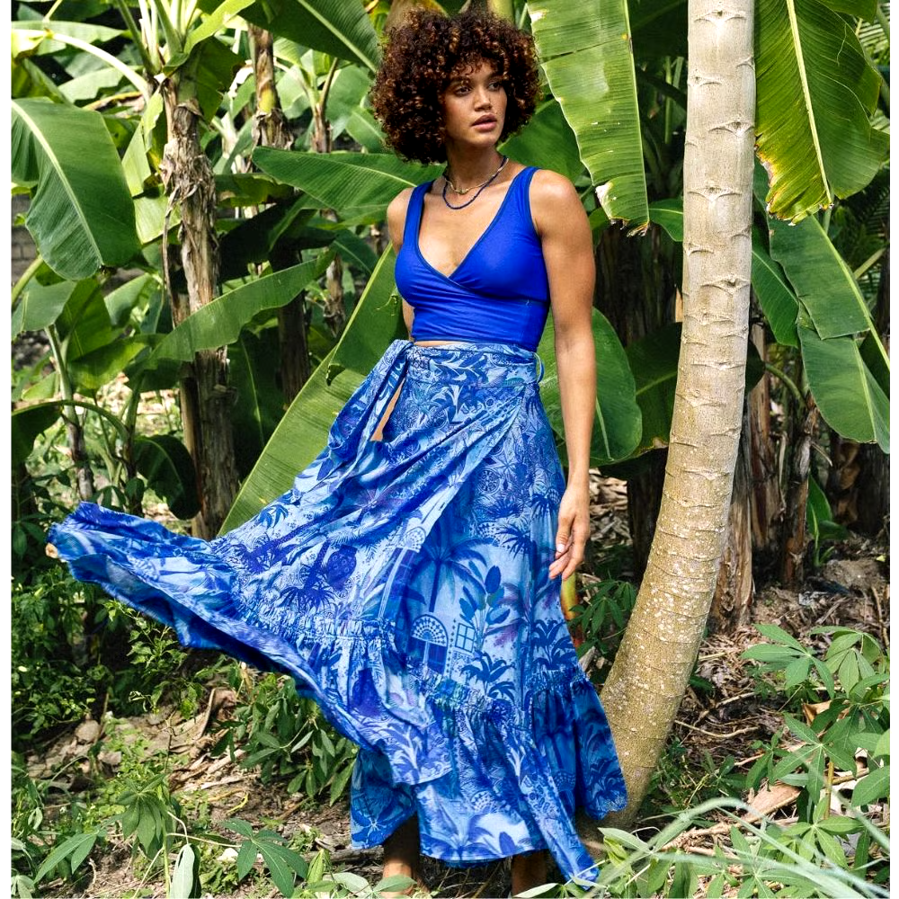 Blue Reversible High Waist Bikini And Sarong Swimsuit Set