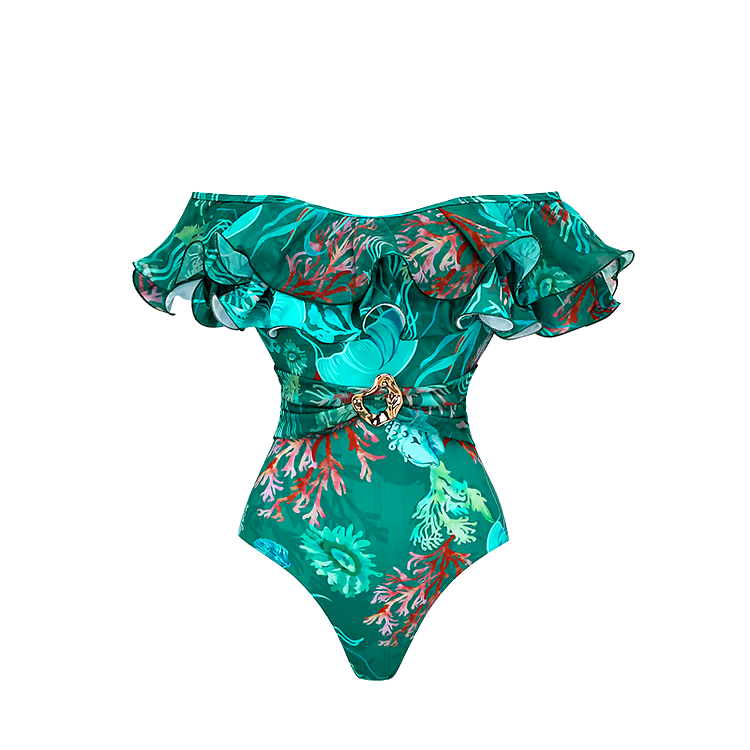 Removable Shoulder Strap Off Shoulder Marine Organism One Piece Swimsuit Set