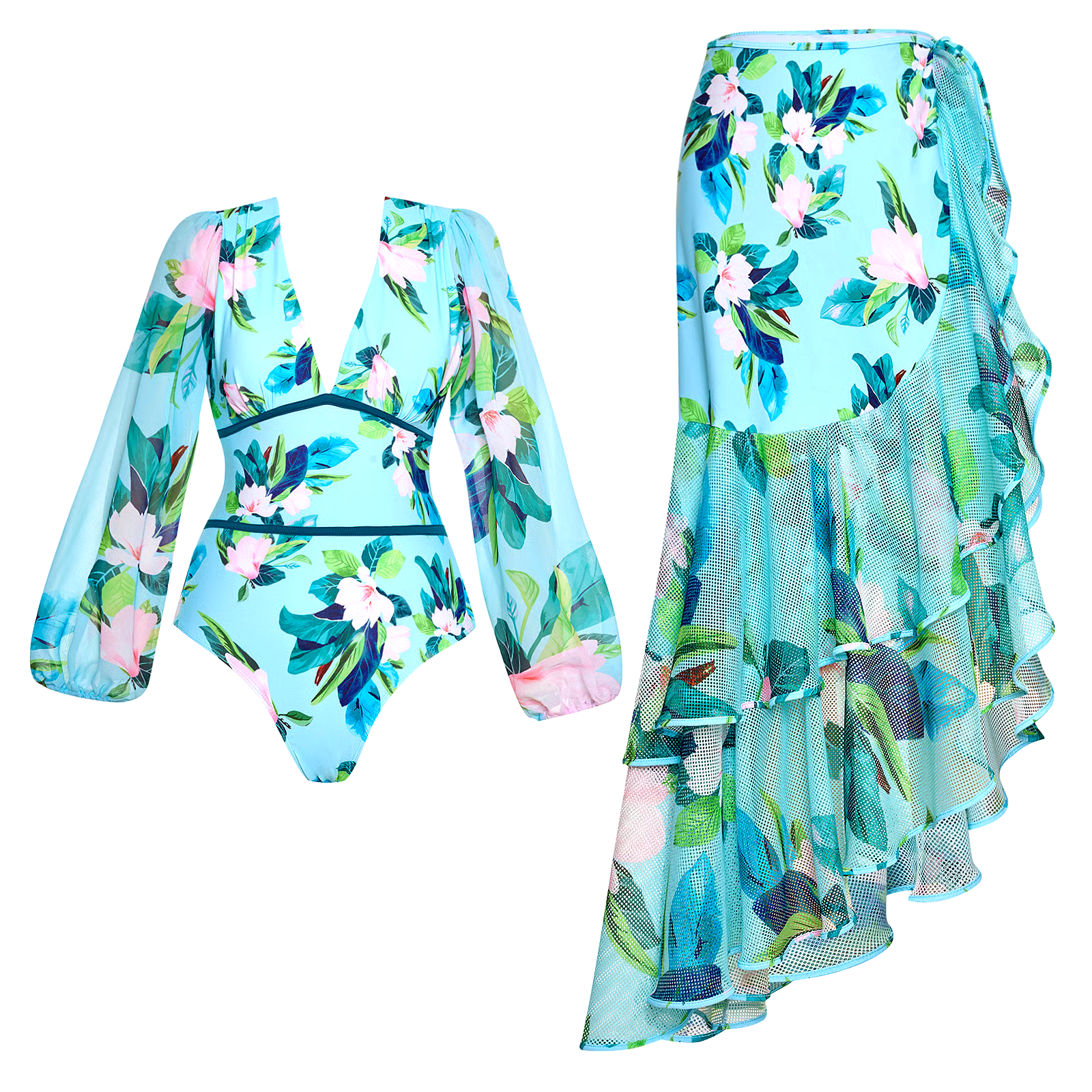 DBVACAY V Neck Floral Printed Long Sleeves Ruffled Wrap Skirt Swimsuit Set