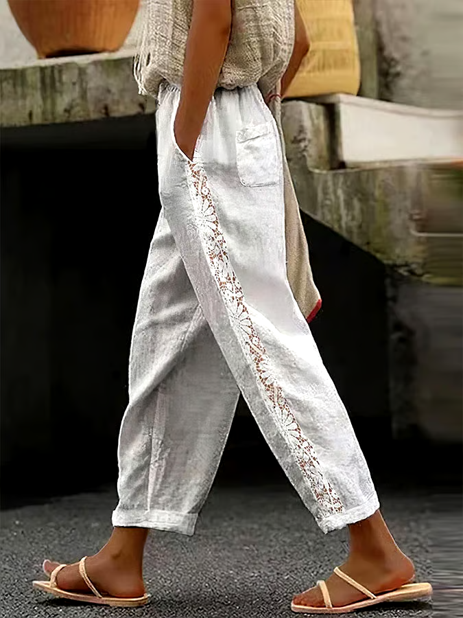 Women's Casual Solid Color Elastic Waist Lace Cotton and Linen Trousers
