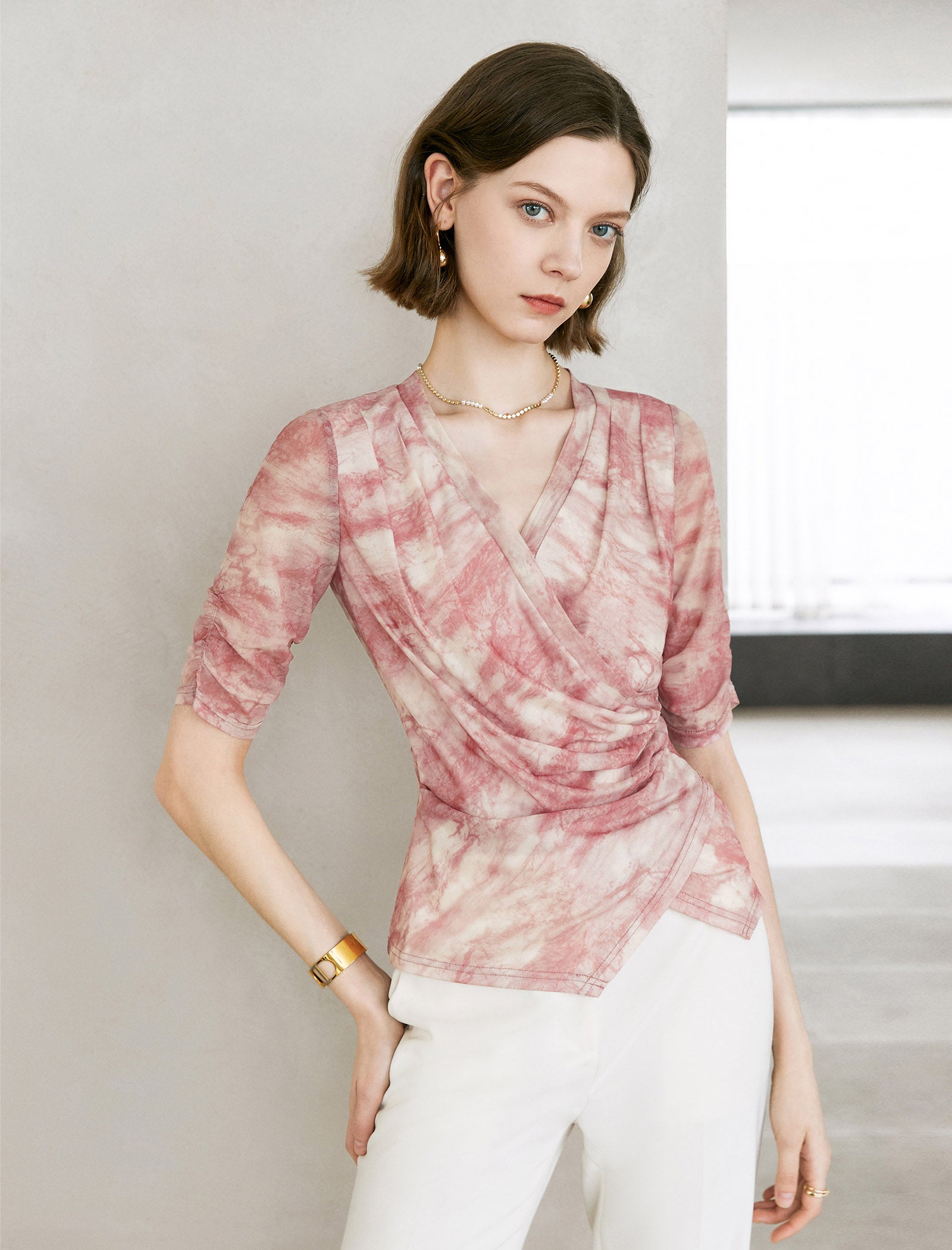 Tie Dye V-Neck Wrap Elbow Sleeve Top