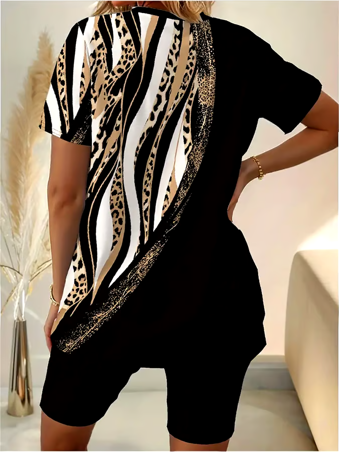 Women'S Casual Round Neck Leopard Print Short-Sleeved T-Shirt Shorts Set