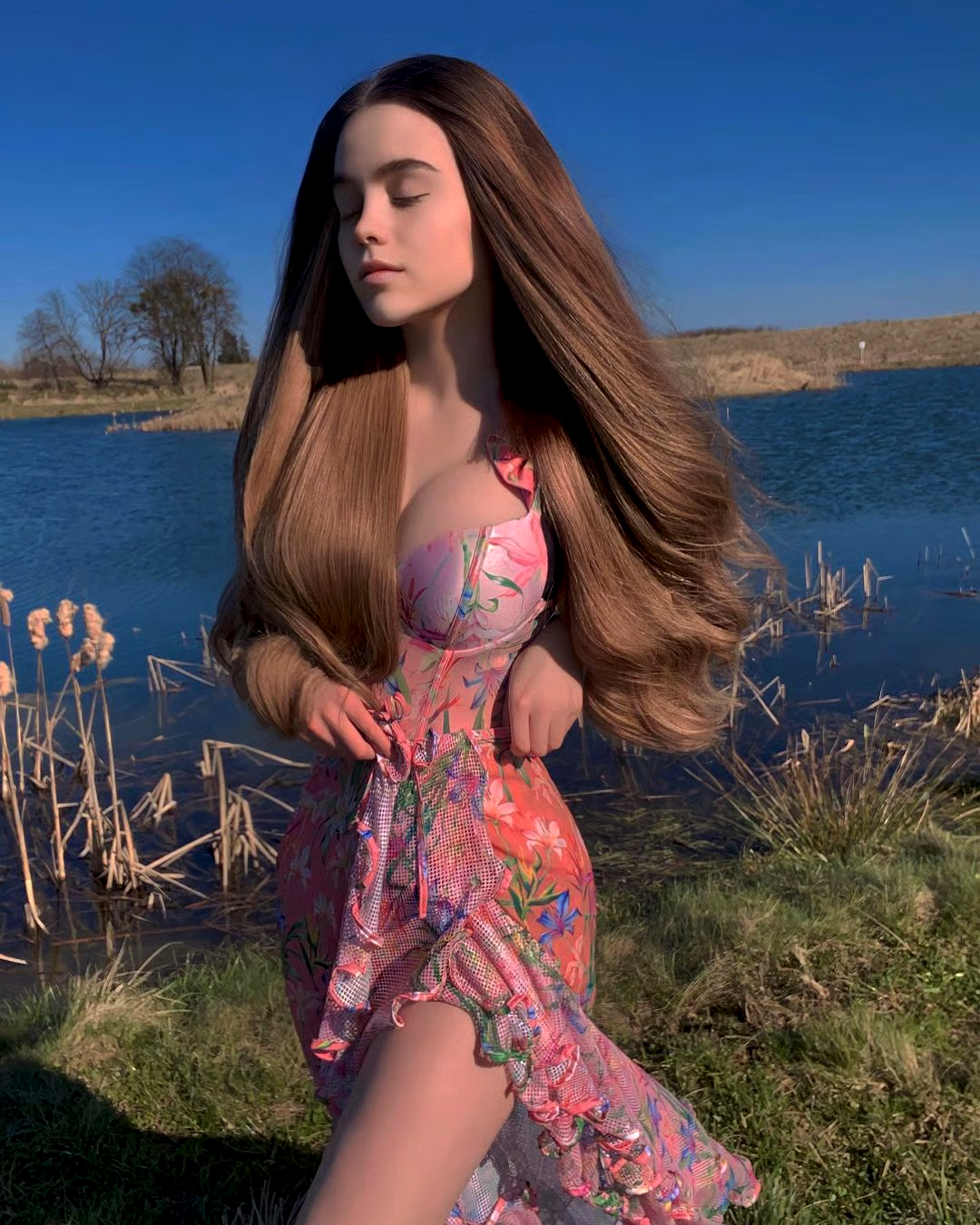 DBVACAY V Neck Cutout Floral Print Fishtail Skirt Swimsuit Set