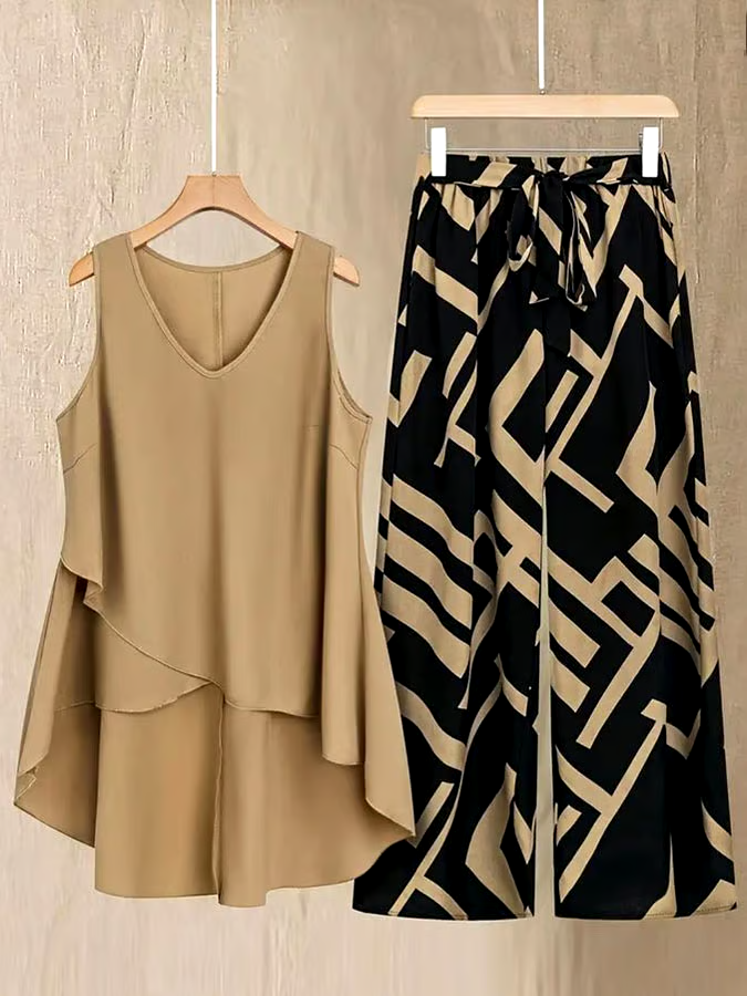 Women'S Casual V-Neck Sleeveless Loose Contrast Color Irregular Hem Vest Trousers Two-Piece Set