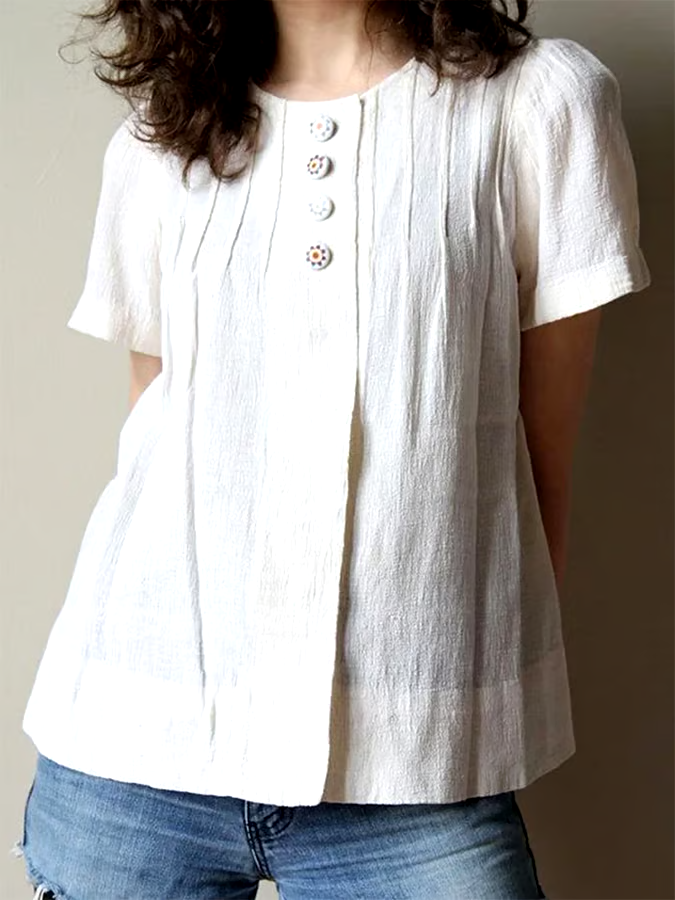 Women's Cotton&Linen Round Neck Pleated T-Shirt