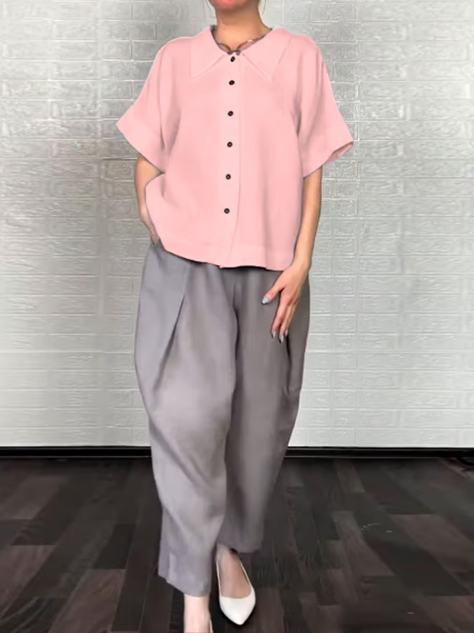 Women'S Casual Solid Color Cotton And Linen Shirt Pants Set