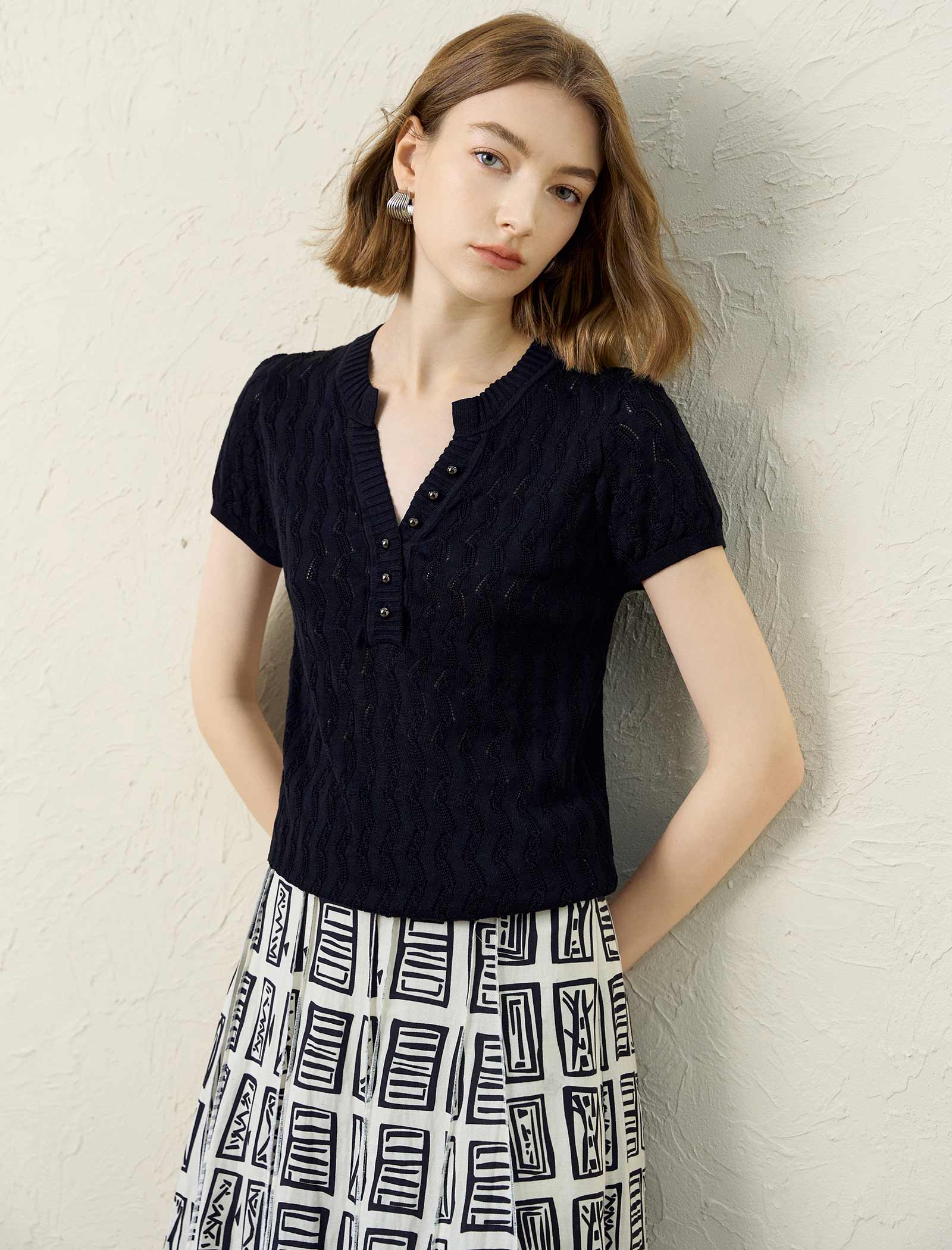 Tailored Open-Collar Knit Top