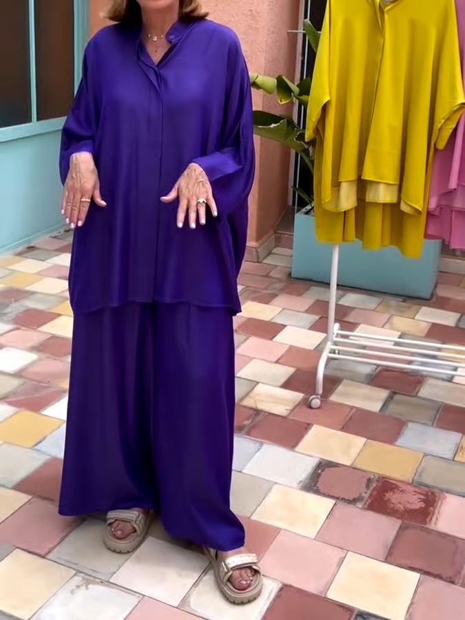 Women'S Solid Color Round Neck Loose Casual Trousers Two-Piece Set