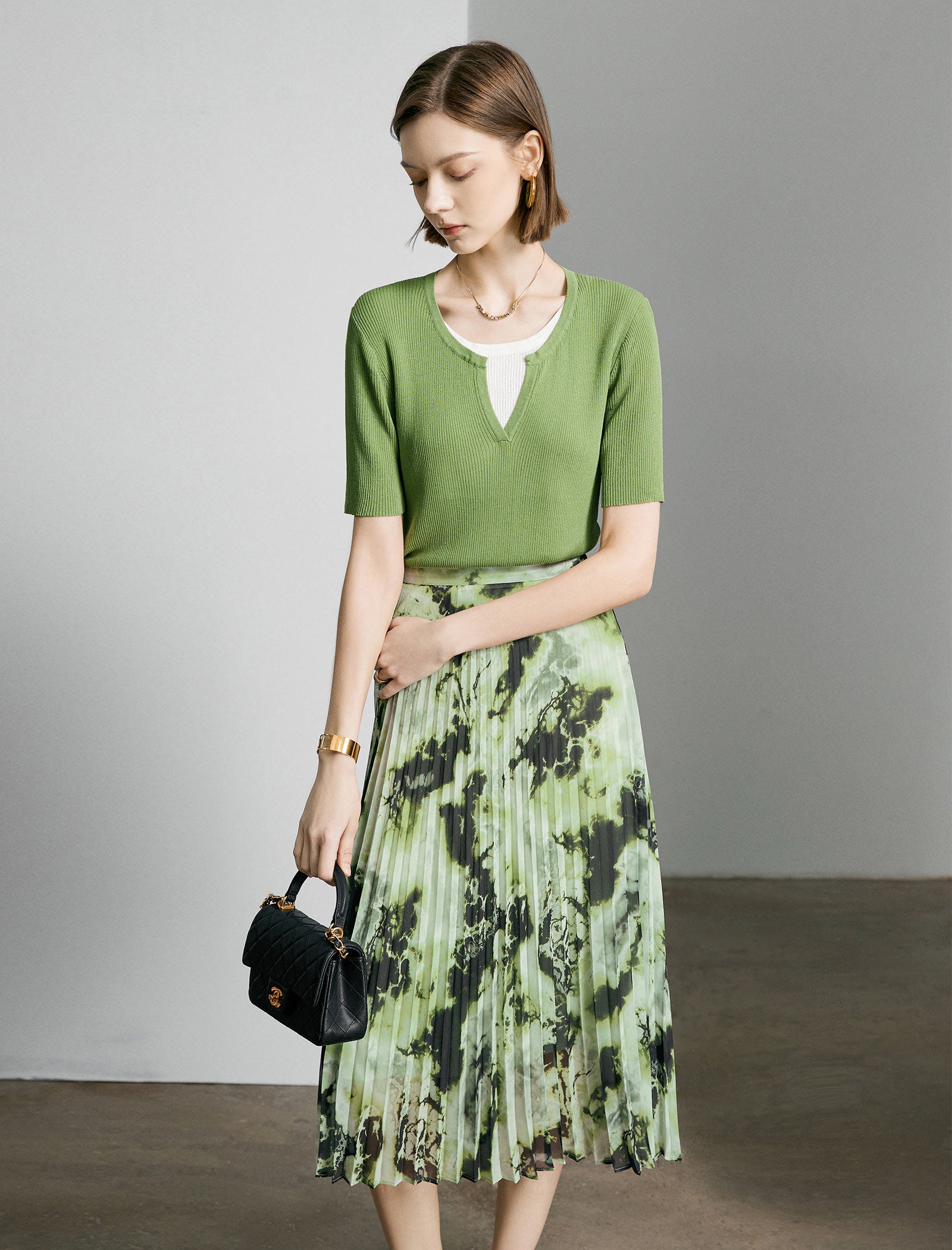 Leaf Green Ribbed V-Neck Layered Knit Top
