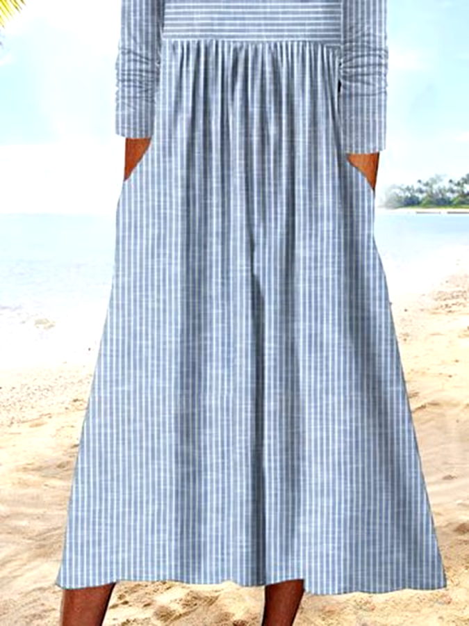 Women's Retro Striped Pockets And Buttons Casual Dress