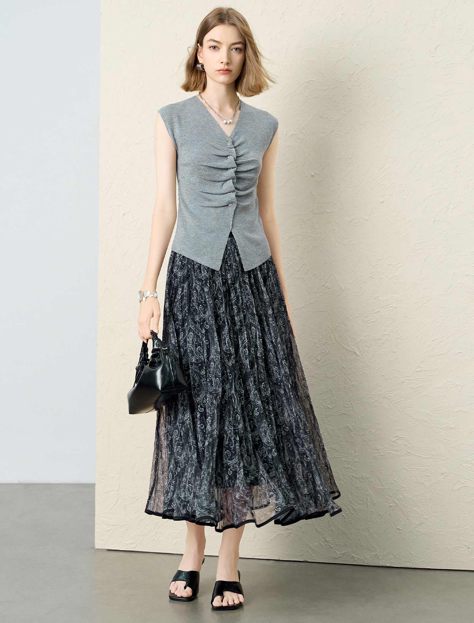 Ruched Knit Sleeveless V-Neck Top