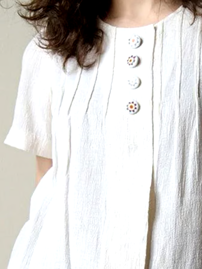 Women's Cotton&Linen Round Neck Pleated T-Shirt