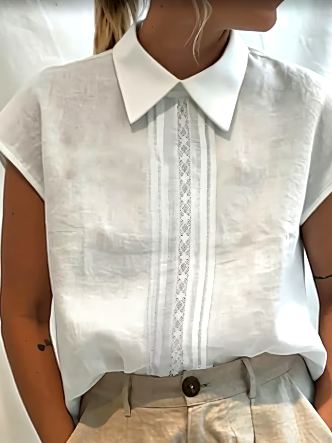 Women's Casual Solid Color Lace Stitching Lapel Shirt