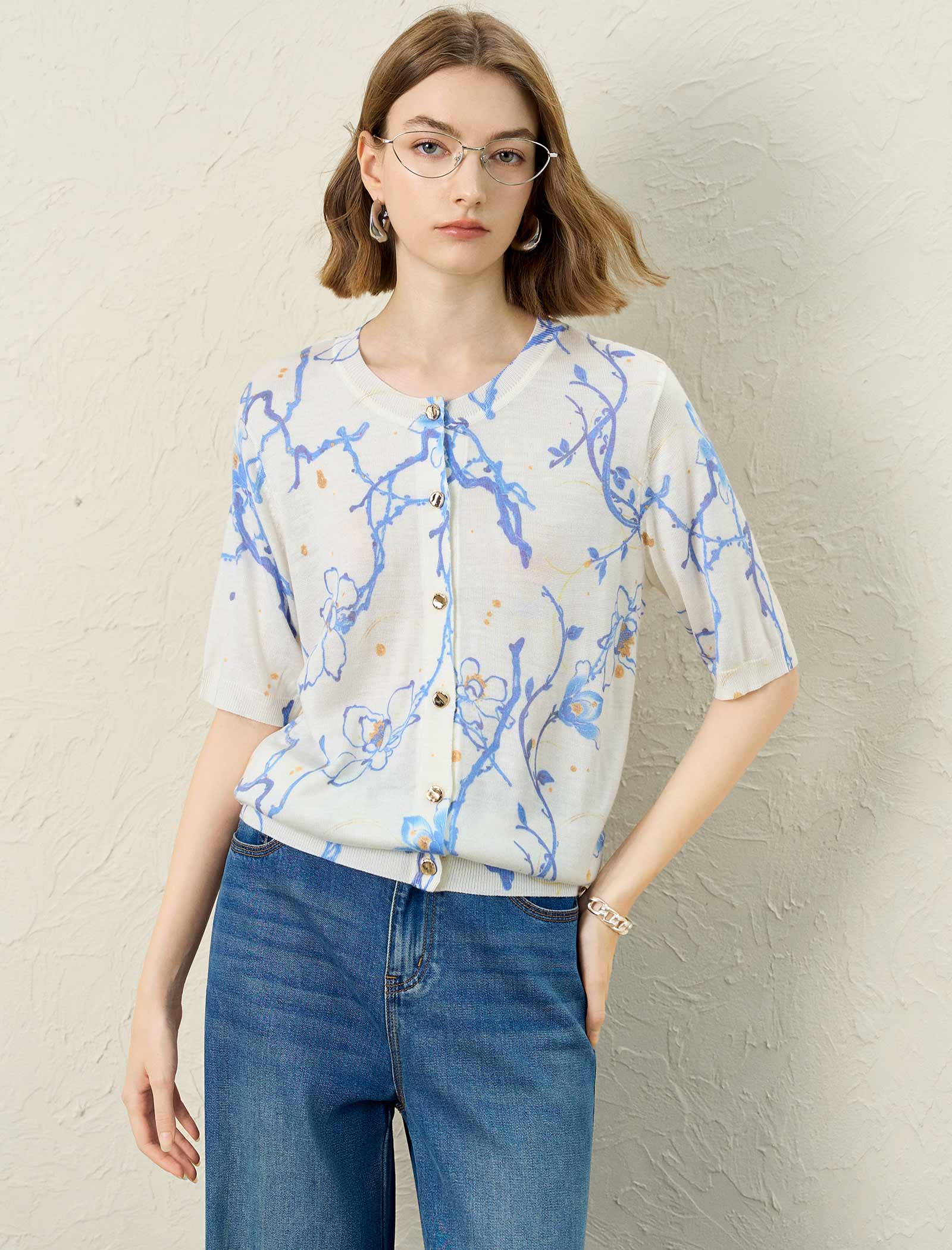 Floral Print Elbow-Sleeve Knit Cardigan