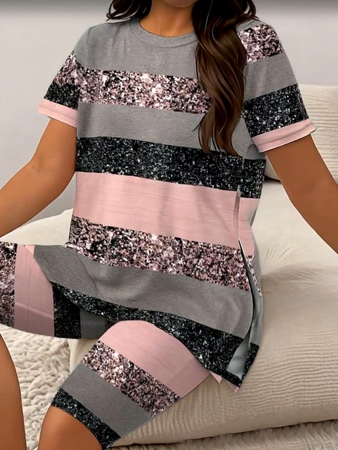 Women's Casual Round Neck Striped  Print Short Sleeve T-Shirt Shorts Set