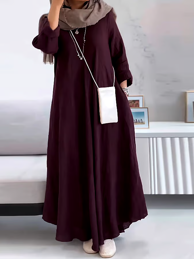 Women's Casual Solid Color V-Neck Long Sleeve Cotton and Linen Dress