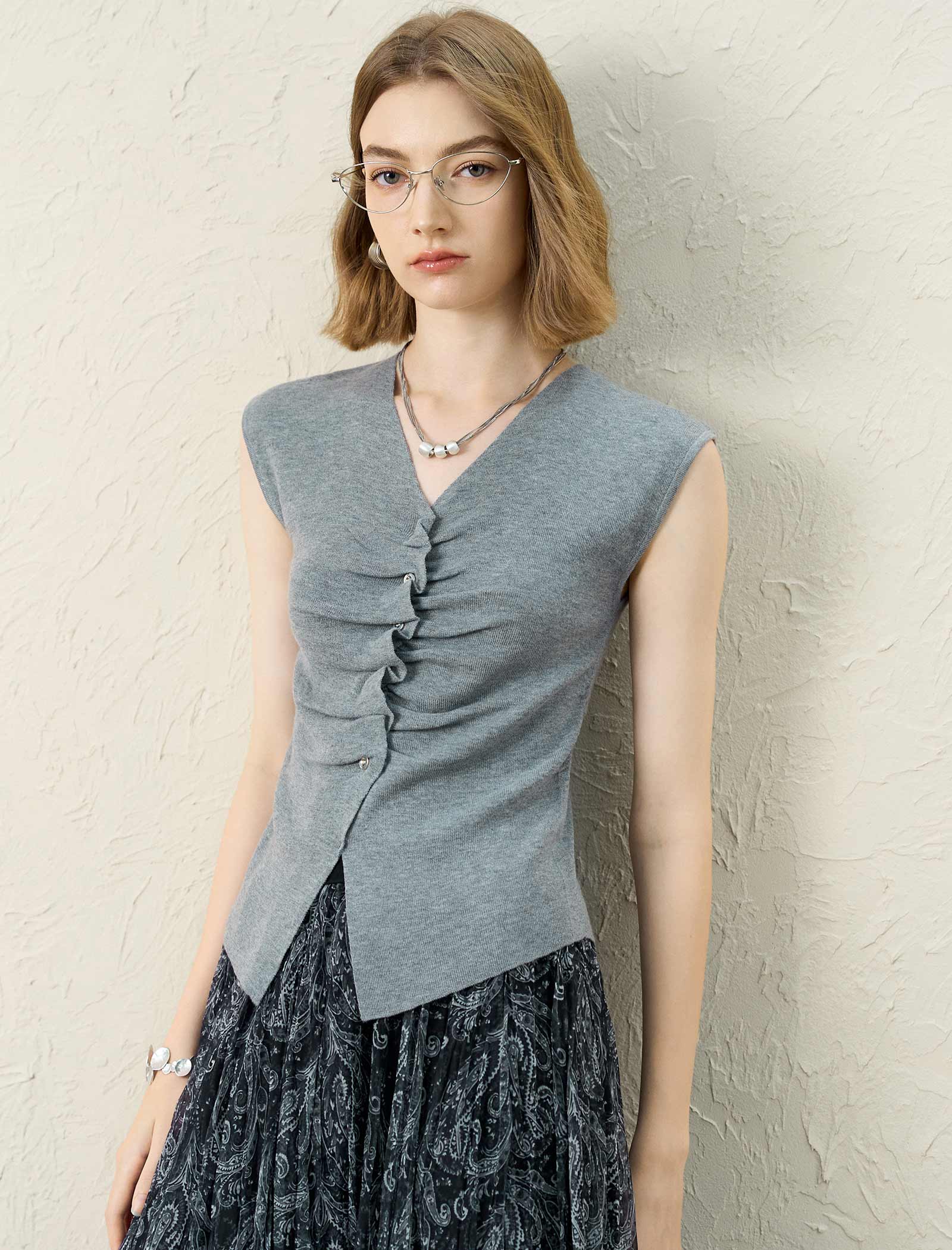 Ruched Knit Sleeveless V-Neck Top