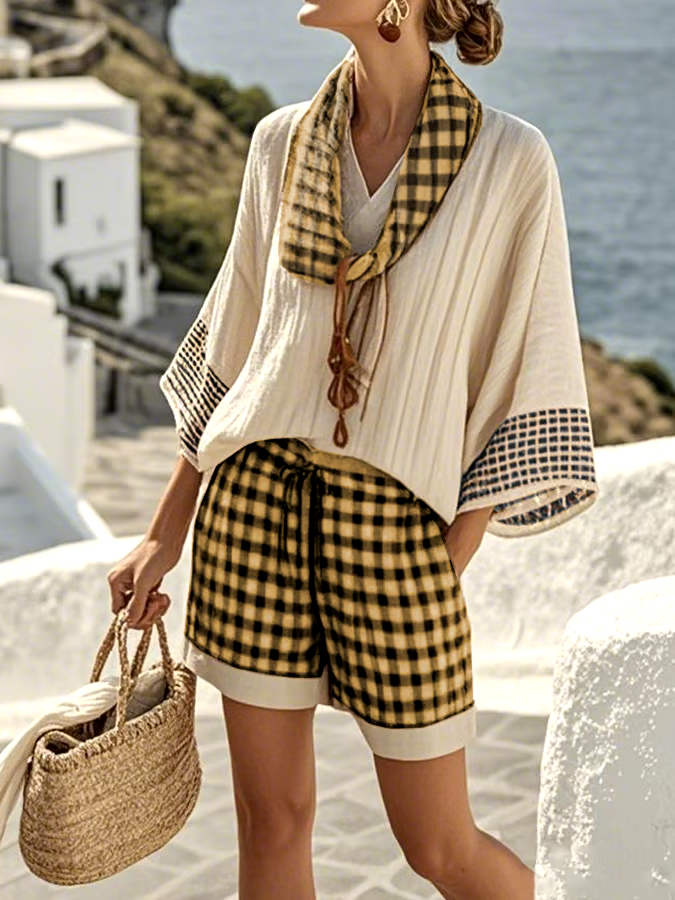 Women'S Loose Striped Scarf Holiday Shorts Set