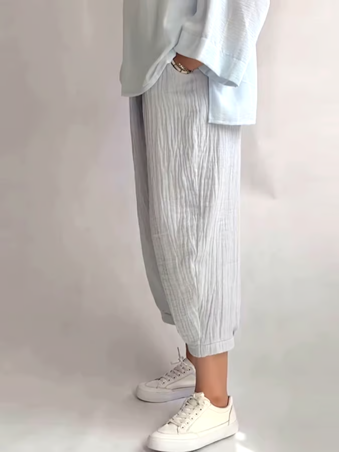Women's Casual Striped Lapel Top and Pleated Pants Set