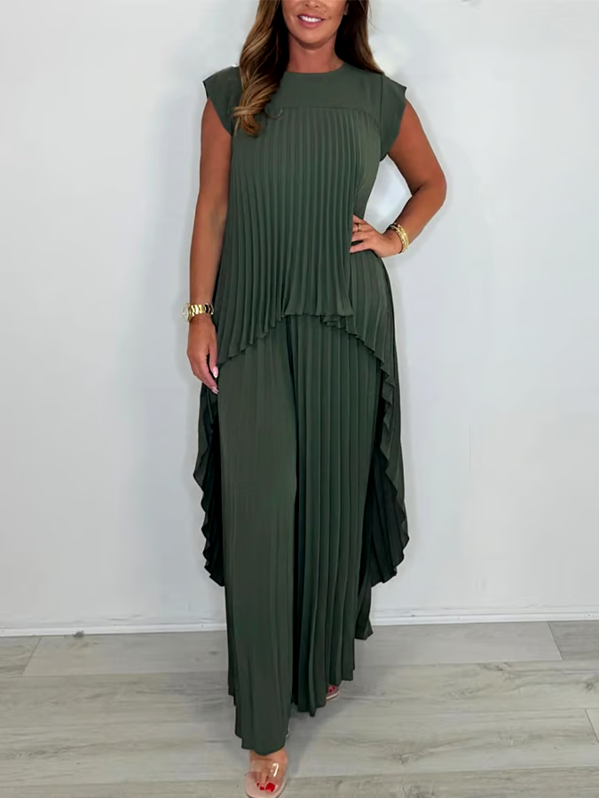 Women'S Solid Color Round Neck Pleated Top Straight Trousers Two-Piece Set