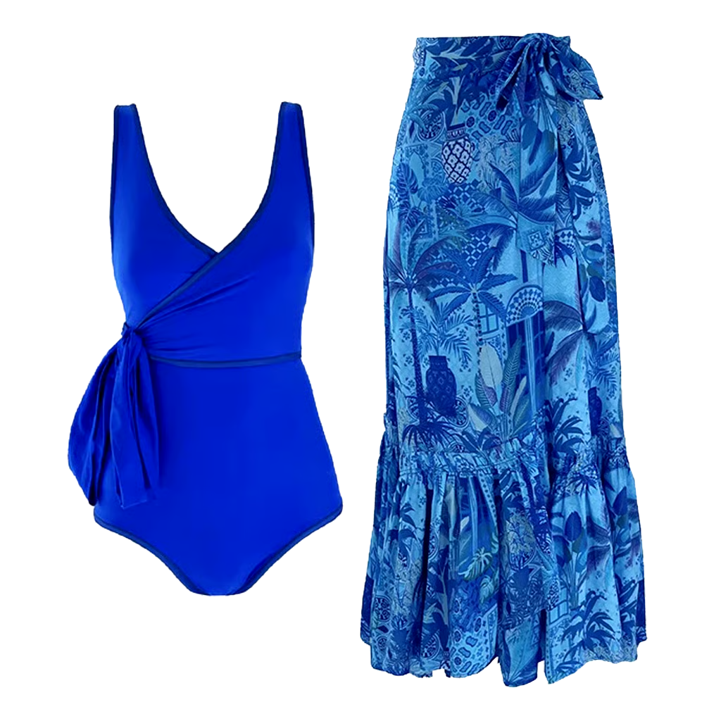 Blue Reversible  One Piece And Sarong Swimsuit Set