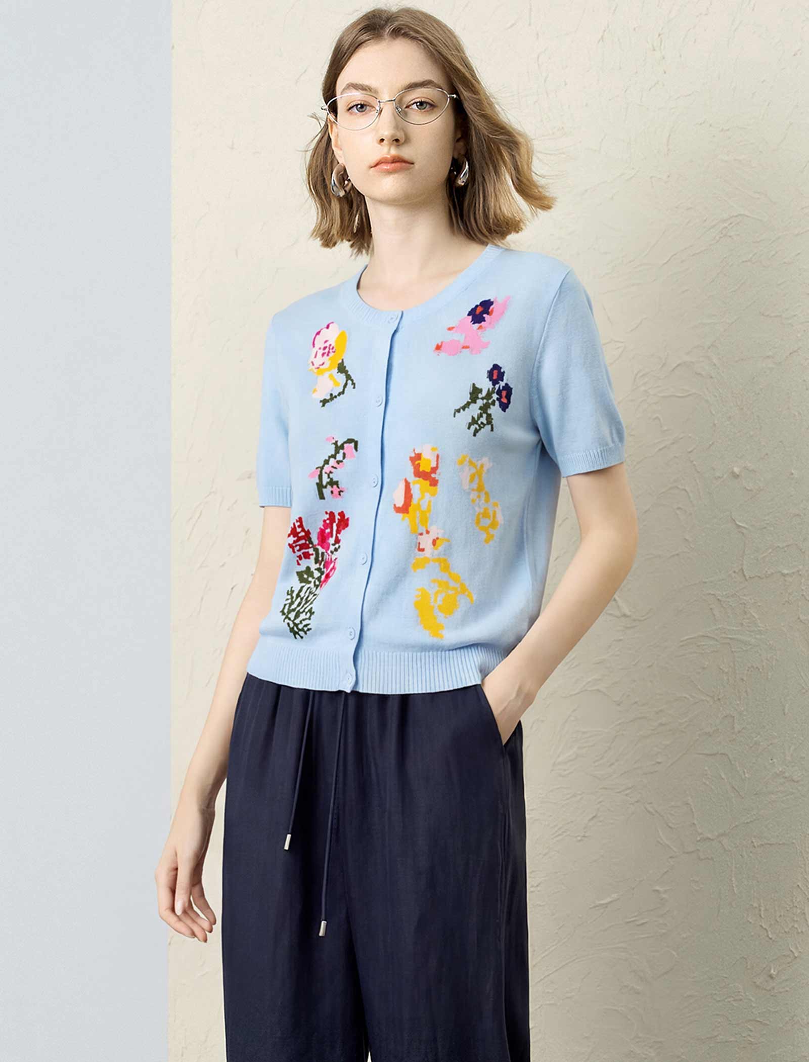 Sky Blue Floral Intarsia Short Sleeve Knit Cardigan Top