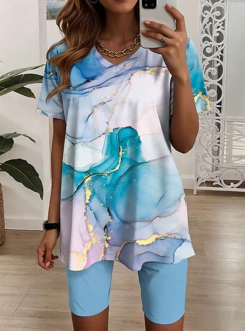 Women'S Loose Printed V-Neck Top And Shorts Set