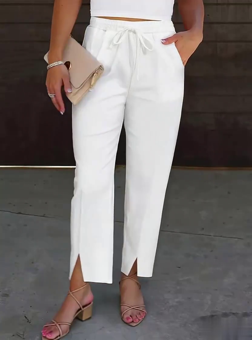 Women's Casual Solid Color Cotton and Linen Slit Pants