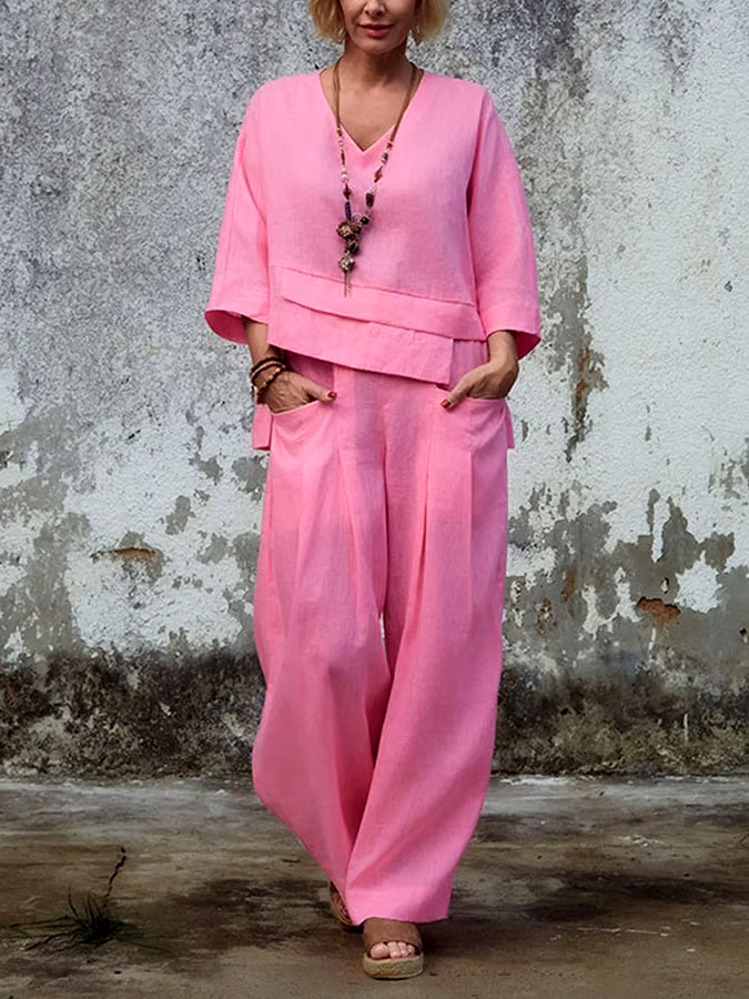 Women'S Casual Solid Color Irregular Cotton And Linen Suit