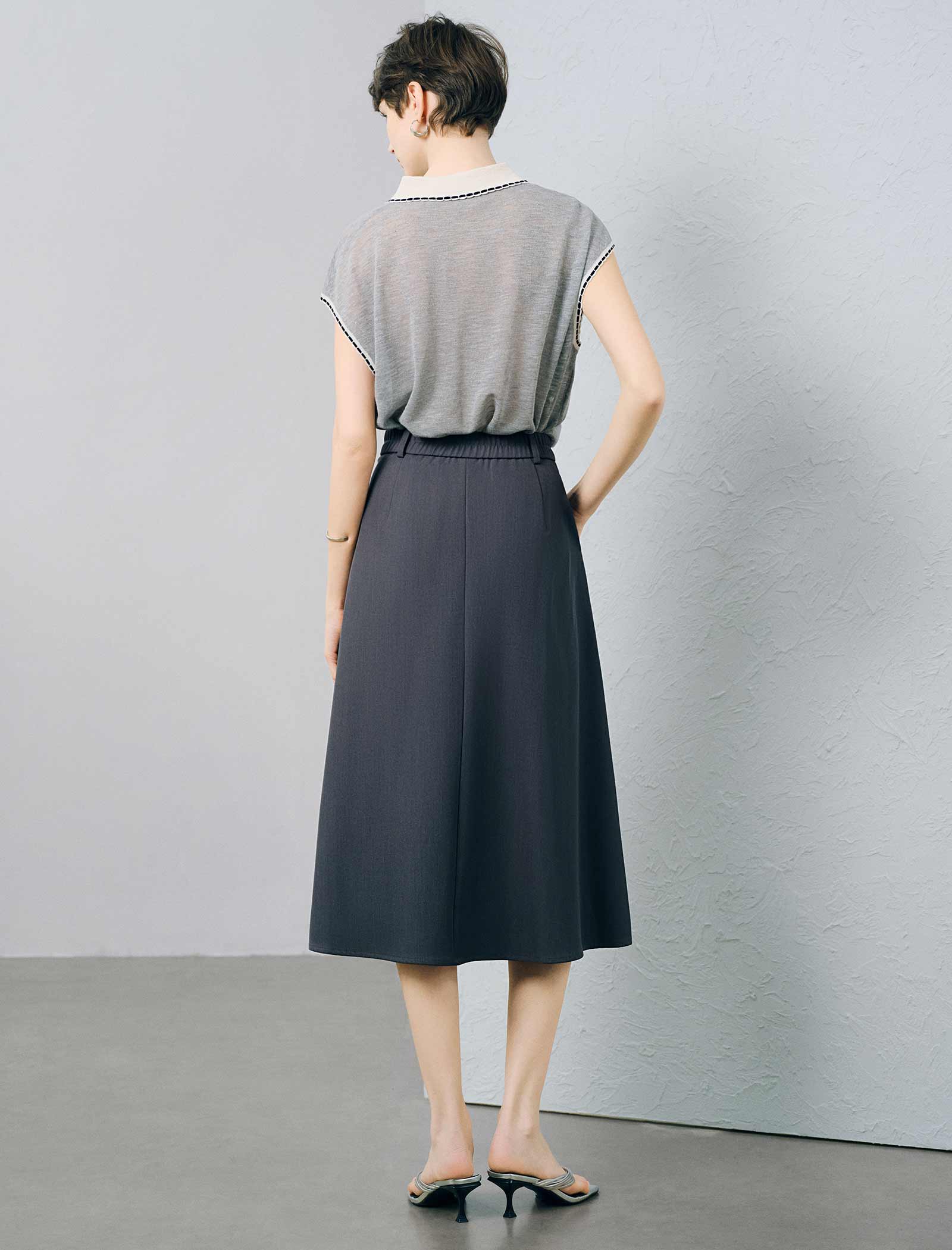 Contrast Collar Leaf Embroidery Sleeveless Knit Polo Top