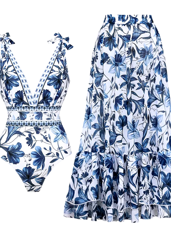Women'S Floral Print One-Piece Swimsuit And Skirt