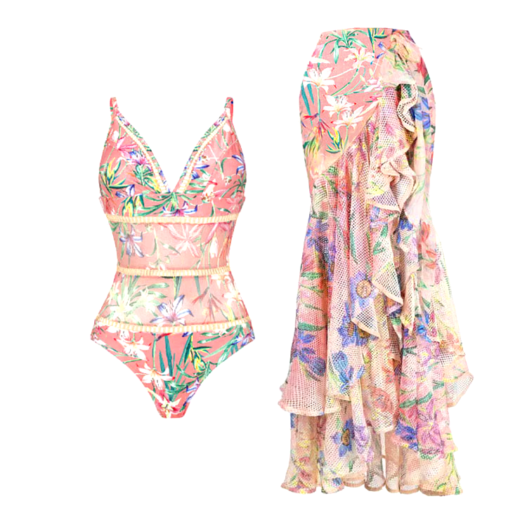 DBVACAY V Neck Cutout Floral Print Fishtail Skirt Swimsuit Set