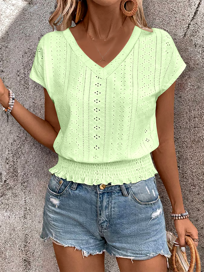 Women'S Casual V-Neck Jacquard Hollow Short-Sleeved T-Shirt