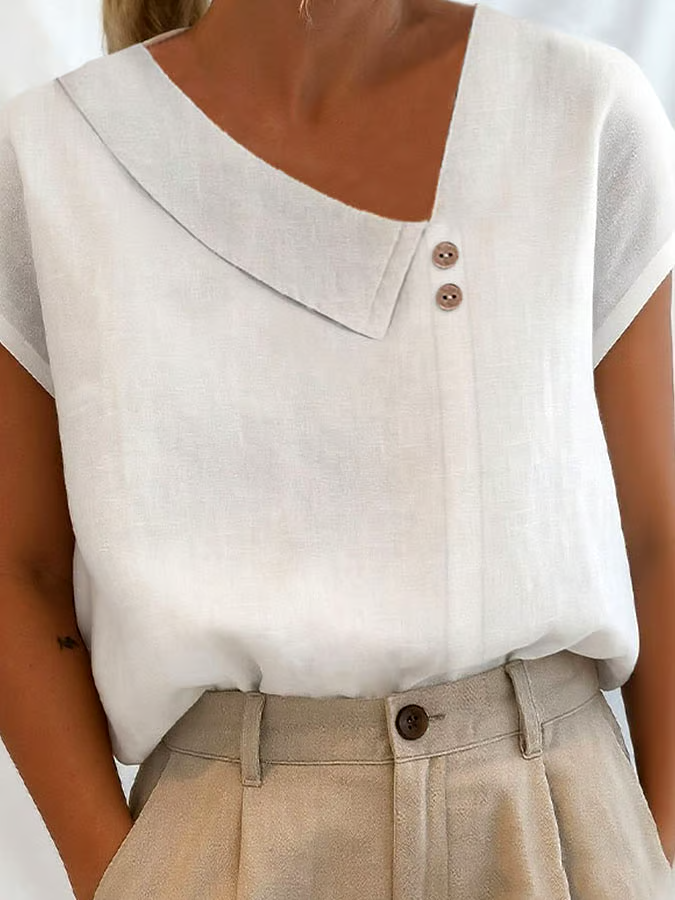 Women's Casual Solid Color V-Neck Short Sleeve Cotton and Linen Button Top