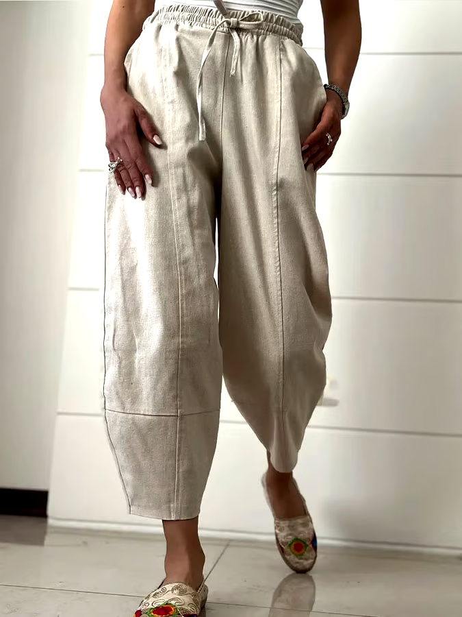 Women's Casual Solid Color Elastic Waist Cotton and Linen Trousers