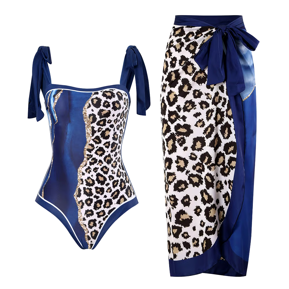 Blue Marble Lleopard Pprint Swimsuit Set