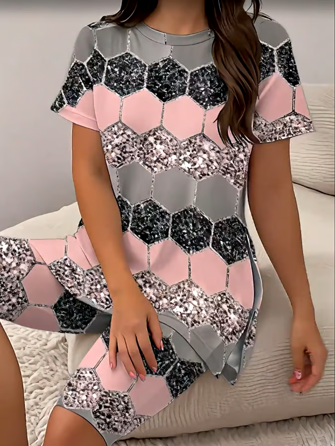 Women's Casual Round Neck Geometric  Print Short Sleeve T-Shirt Shorts Set