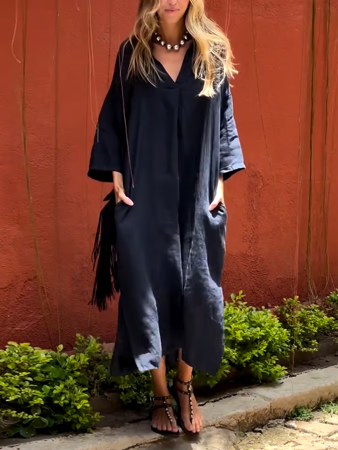 Women'S Casual Solid Color V-Neck Cotton And Linen Dress