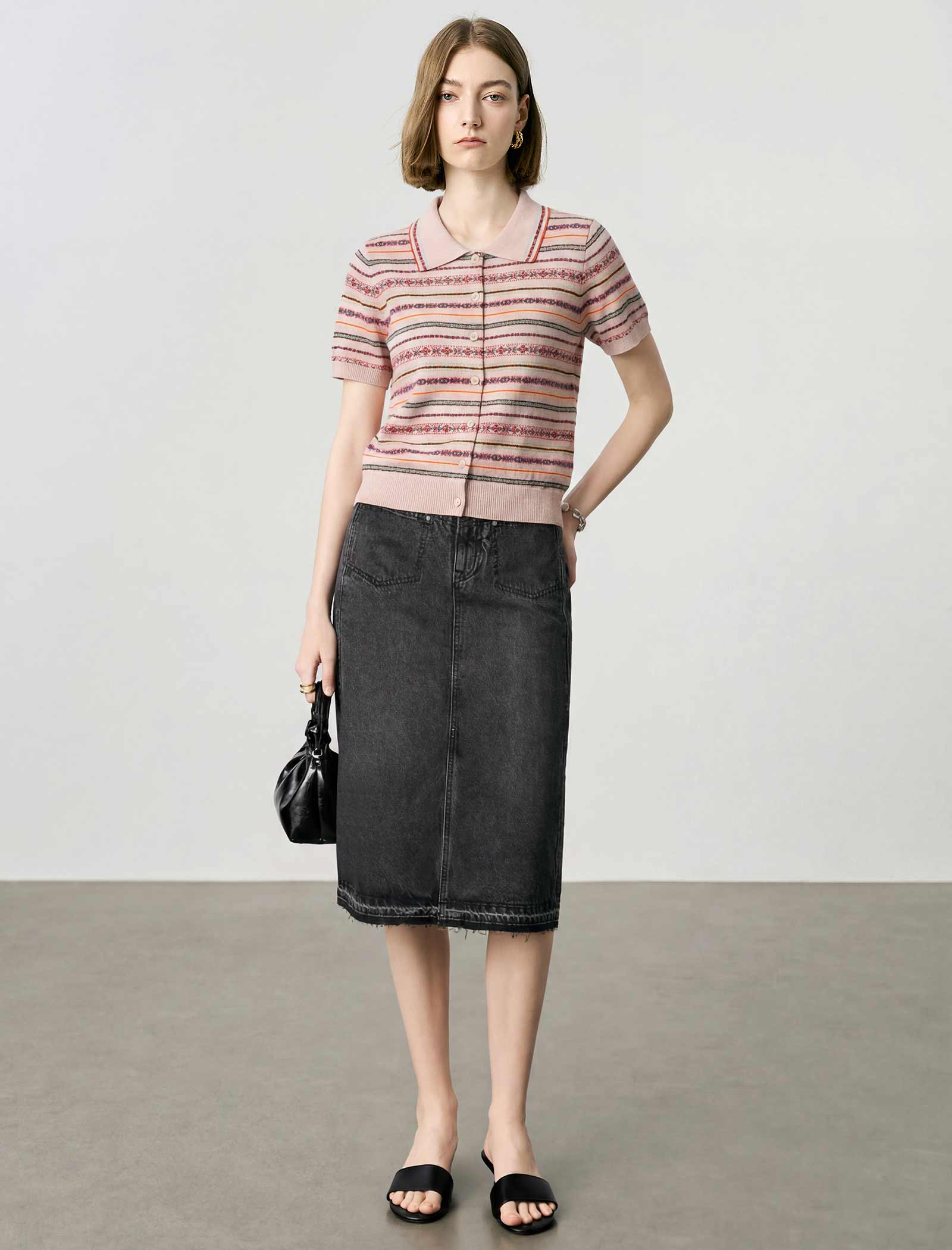Vintage Striped Collared Short Sleeve Knit Cardigan Top
