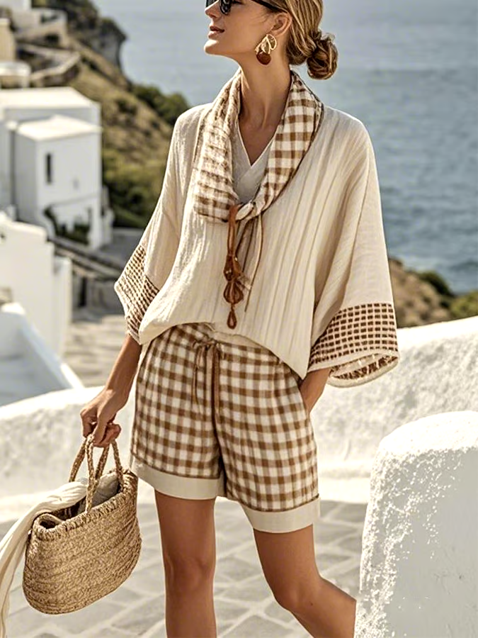 Women'S Loose Striped Scarf Holiday Shorts Set