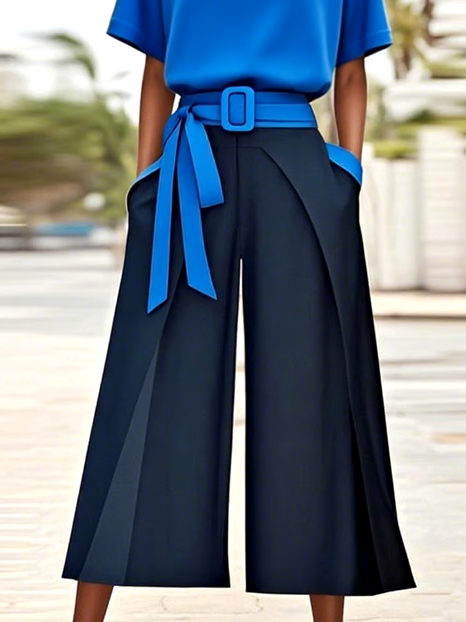 Women'S Casual Round Neck Top Contrast Color Two-Piece Suit