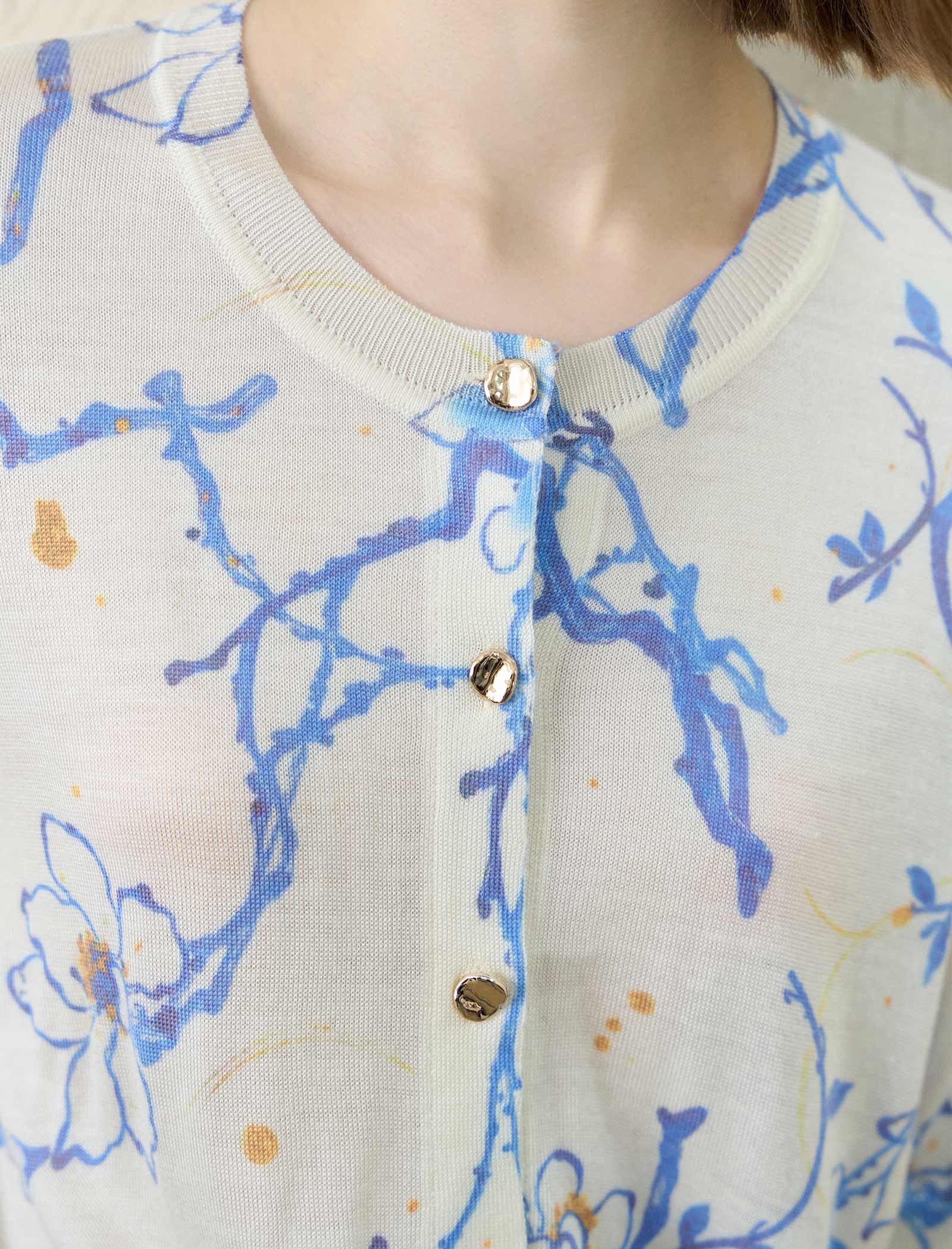 Floral Print Elbow-Sleeve Knit Cardigan