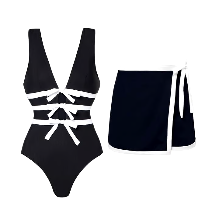 Black V Neck Sexy One Piece Swimsuit Set