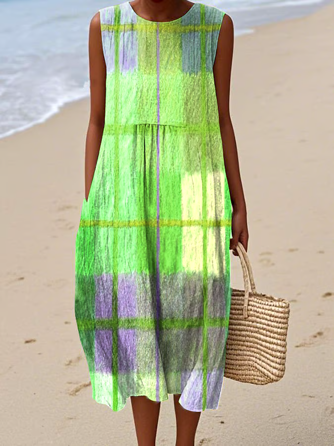 Women's Casual Colorblock Plaid Sleeveless Dress