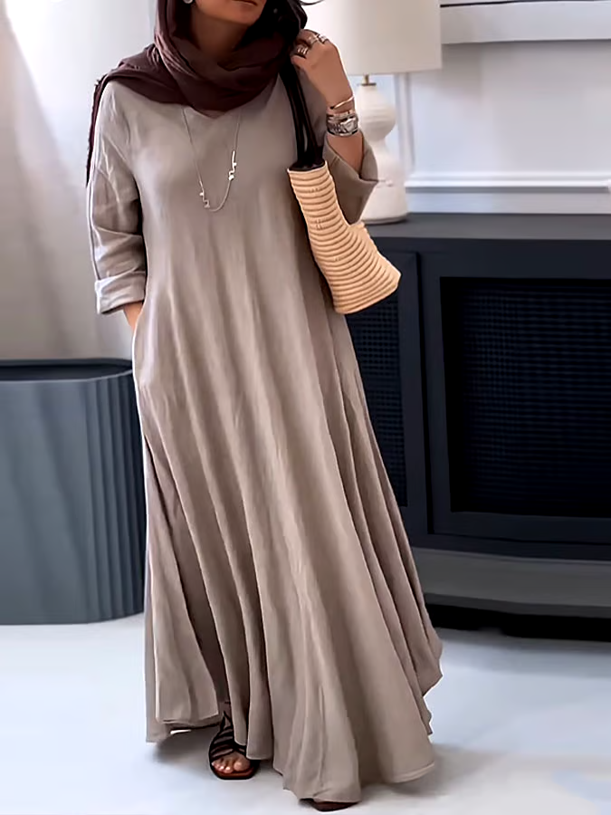 Women's Casual Solid Color V-Neck Long Sleeve Cotton and Linen Dress