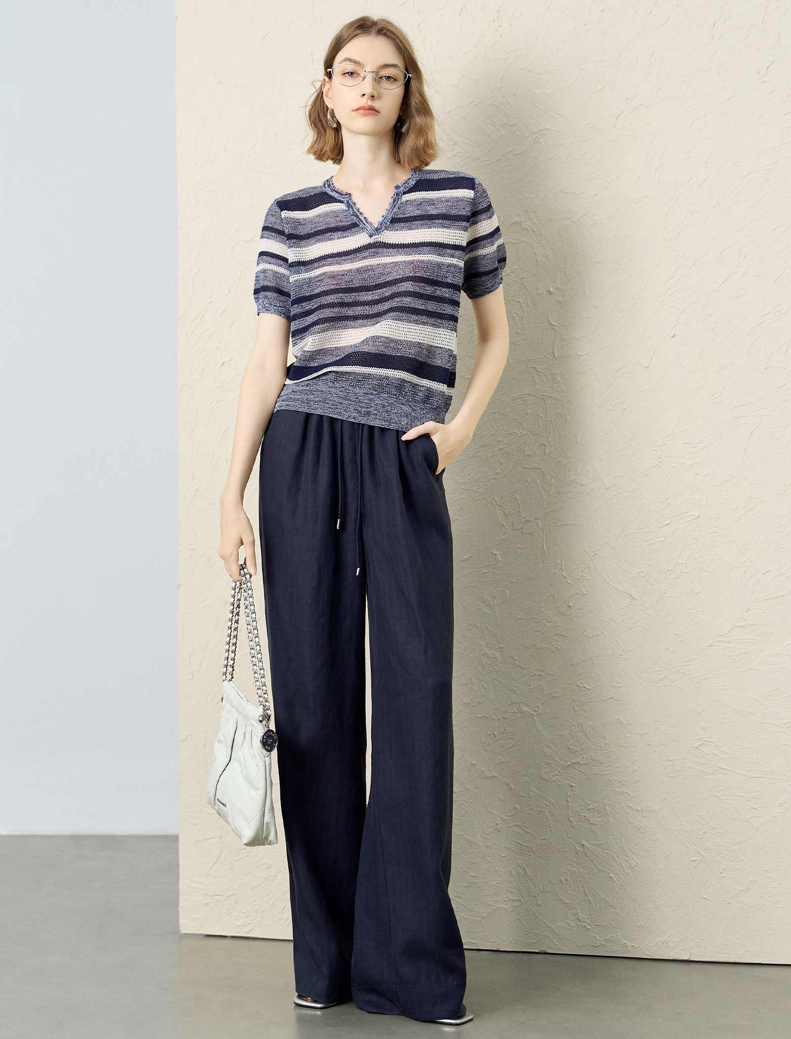 Striped V-Neck Knit Short Sleeve Top