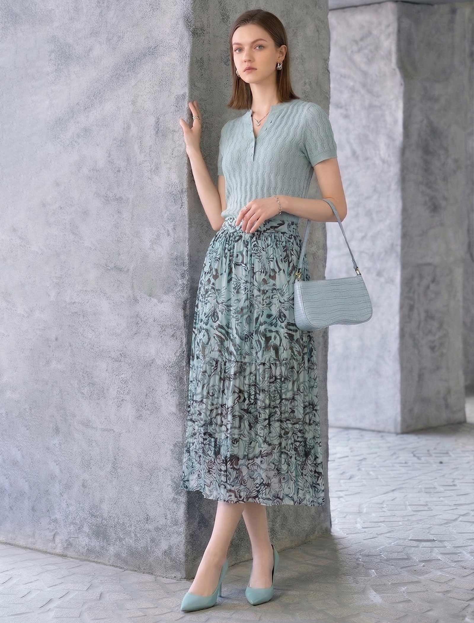 Wavy Openwork Tencel Linen Henley Knit Top