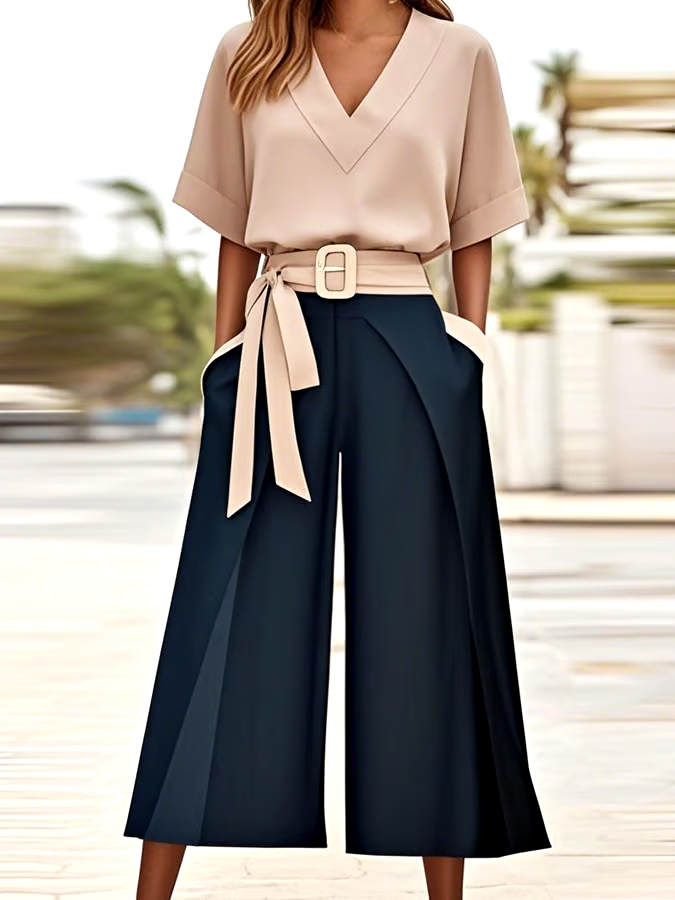 Women'S Casual V-Neck Contrast Color Two-Piece Suit