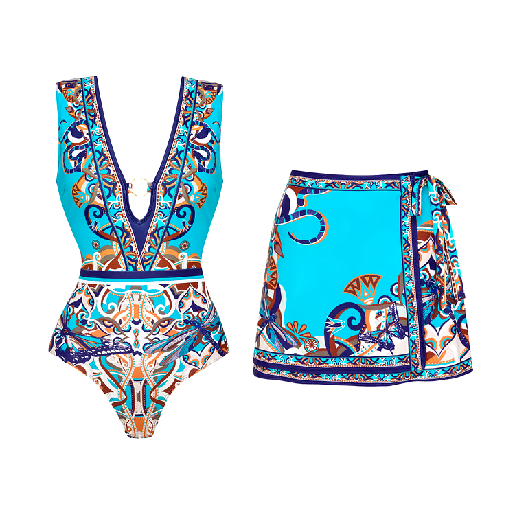 V Neck Print Mini Skirt Swimsuit Set